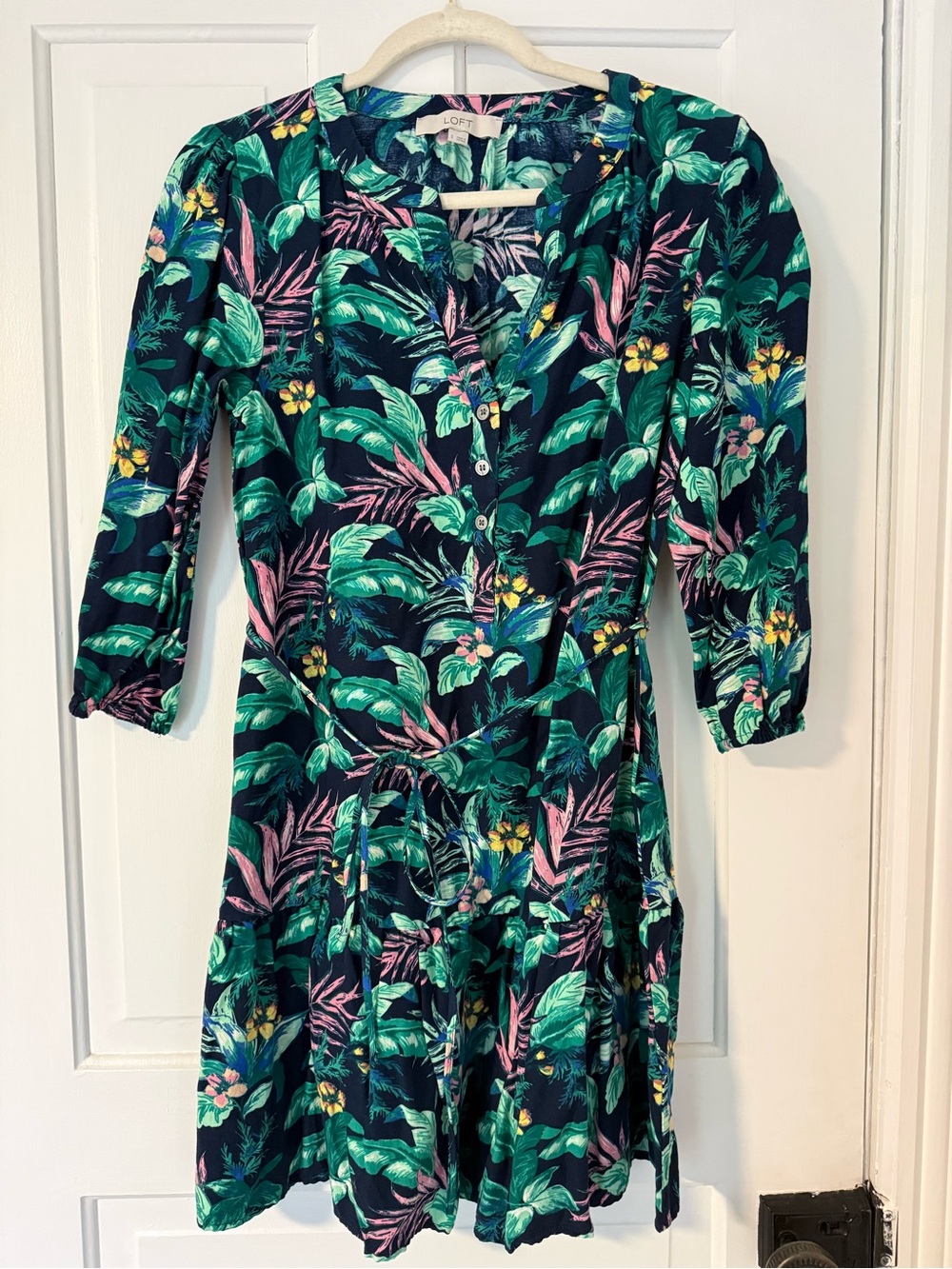 LOFT Navy Floral & Leaf Print Dress